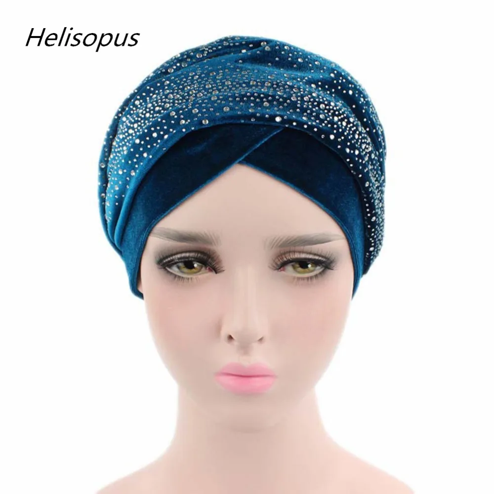 Женский удлиненный бархатный Тюрбан повязка на голову модные роскошные стразы головные уборы хиджаб платок на голову Мусульманский Стиль Аксессуары для волос