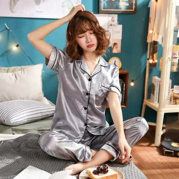 

Silk satin Spaghetti Women's Pajamas Set Button Down Sleepwear Nightwear Pj Lounge Sets pyjamas pijama pijamas pizama damska