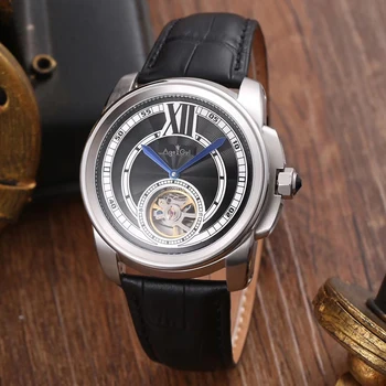 

Classic New Automatic Mechanical Men Tourbillion Silver Rose Gold Sapphire Black Brown Leather Transparent Rome Dial Watch