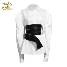 Spring Women Pure Colors White Shirts Two Pieces Set Femme Women Bandage White Tops Vest Female Casual Suit Set Streetwear