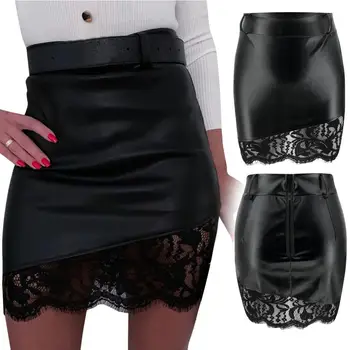 

Sexy Women Skirt Black Faux Leather Pencil Skirt Lace Decor High Waist Mini Skirt Women Zipper Bodycon Mini Skirts for Women