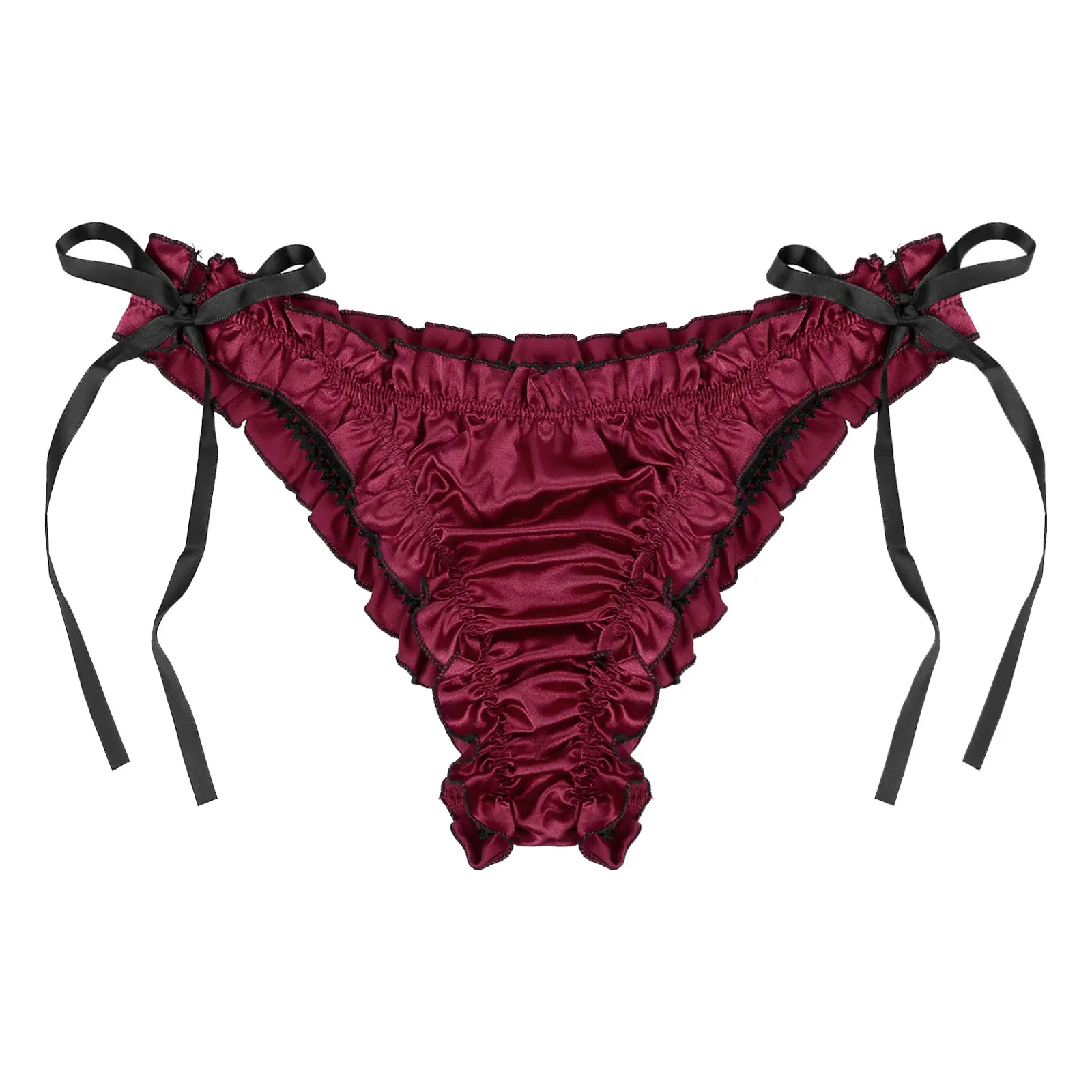 Men's Low Waist Panties Ruffles Satin Briefs Breathable Lace-up Pleated Trim Underpants Sissy Male Gay Underwear Sexy Shorts