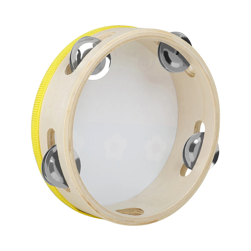 6 Inch Hand Held Tambourine Drum Bell Wooden Handheld Tambourine Percussion Drum Musical Instrument for KTV Party Kids Game Toys