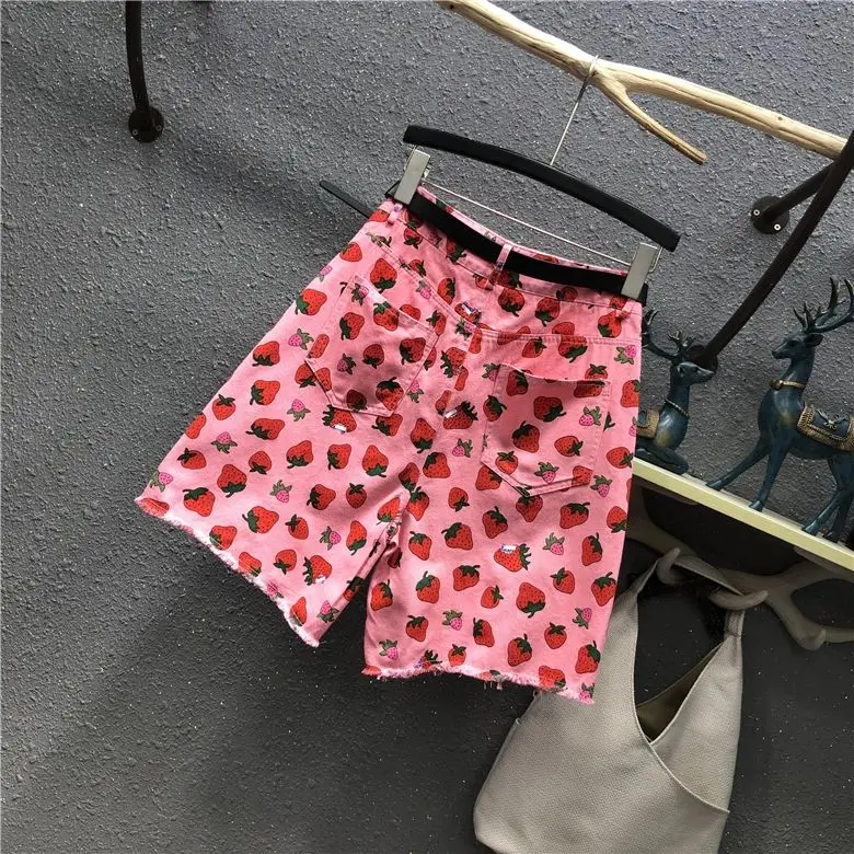 soffe shorts Pink Strawberry Print Knee Length Jeans Women 2021 New Summer Fashion All-match High Waist Loose Straight Shorts Wide Leg bike shorts