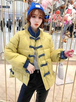 

Vintage Winter Jacket New 2019 Women's New Denim Button Panel Glossy Down Padded Short Retro Coat Costume Parkas AS812