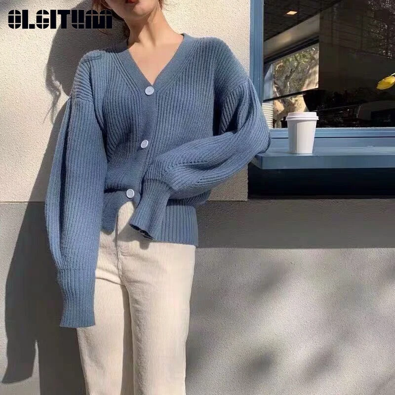 

Knit Cardigan Solid Color 2019 Autumn New Jacket Loose Wild Sweater Coat Puff Sleeve Female Short Paragraph Sweater SW1468