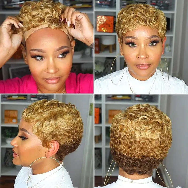 WIGERA Synthetic Short Curly Pixie Cut  Bob Wig Glond Brown/ Black/Wine Red Hair  Colored Wigs For Women
