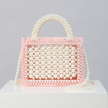 

Custom Handmade Beaded Woven Pearl Transparent Acrylic Handbag Shoulder Cross-Body Women Bag High Quality Famous Designer