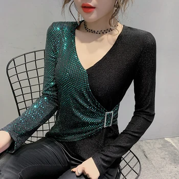 

Contrast Color Clothes Shiny Tees Patchwork Bright Gold T-shirt Women 2020 Spring Autumn Tops Ropa Mujer Bottoming Shirt T9D602