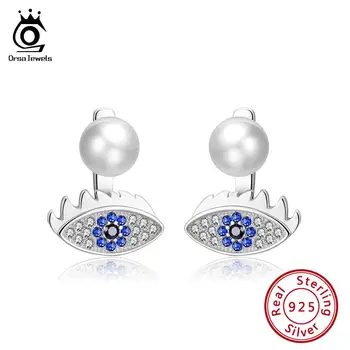

ORSA JEWELS Genuine 925 Sterling Silver Eyes Stud Earrings Simulated Pearl & AAAA Zircon Women Unique Earrings Jewelry SE162