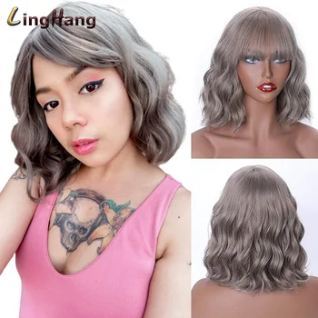 

LINGHANG Short Wave Band Bangs Wig 15 Colors High Temperature Synthetic Wig Suitable for White / Black Women