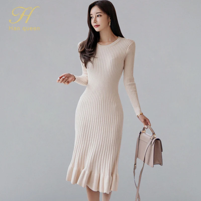 

H Han Queen Solid Color Bottoming Mermaid Bodycon Dress Women 2019 Winter Mid-calf Knitted Dresses OL Elegant Elastic Vestidos