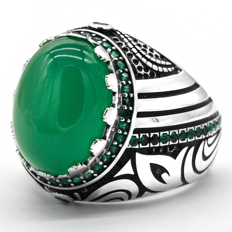 Handmade 925K Sterling Silver Mens Ring With Green Agete Stone 