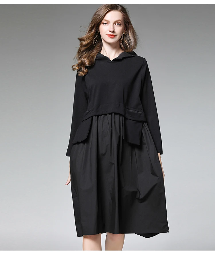 Женская одежда больших размеров, модные Лоскутные Платья, свободное платье с капюшоном, Черное женское платье большого размера, контрастные цвета, один размер