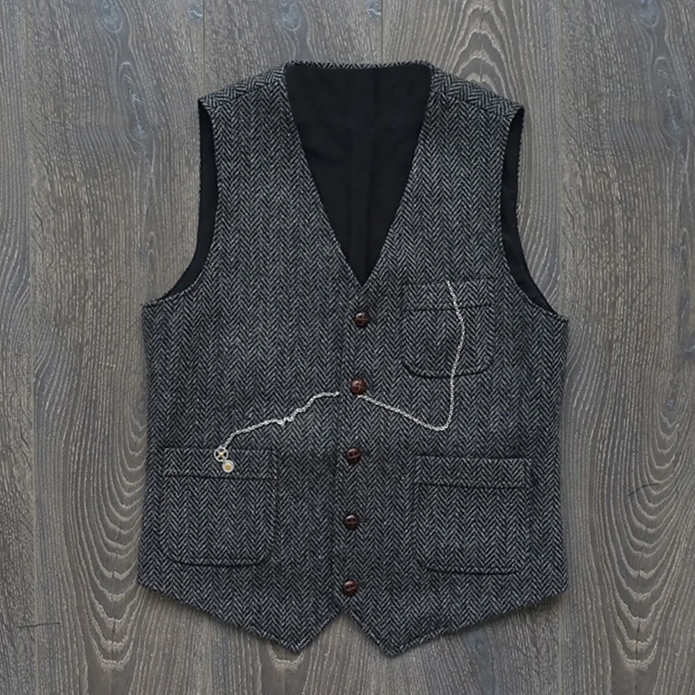 Men's Suit Formal V Neck Wool Green Herringbone Tweed Casual Waistcoat Formal Business Vest Groomman For Wedding 4
