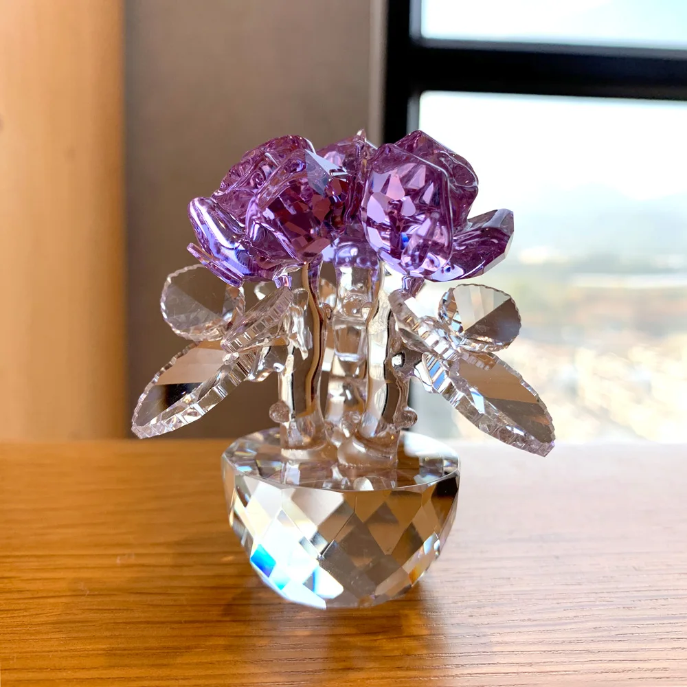 6 Colors Crystal Glass Rose Flower Figurines Unfading Bouquet