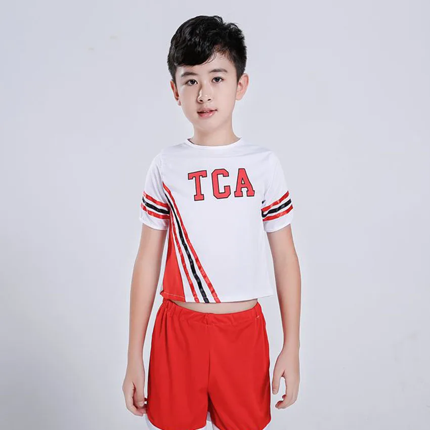 Boys set Детская униформа для чирлидеров, одежда для сценической команды, Детские платья для выступлений, костюмы для девочек с открытыми плечами и юбкой, гимнастические костюмы для мальчиков - Цвет: Boys set