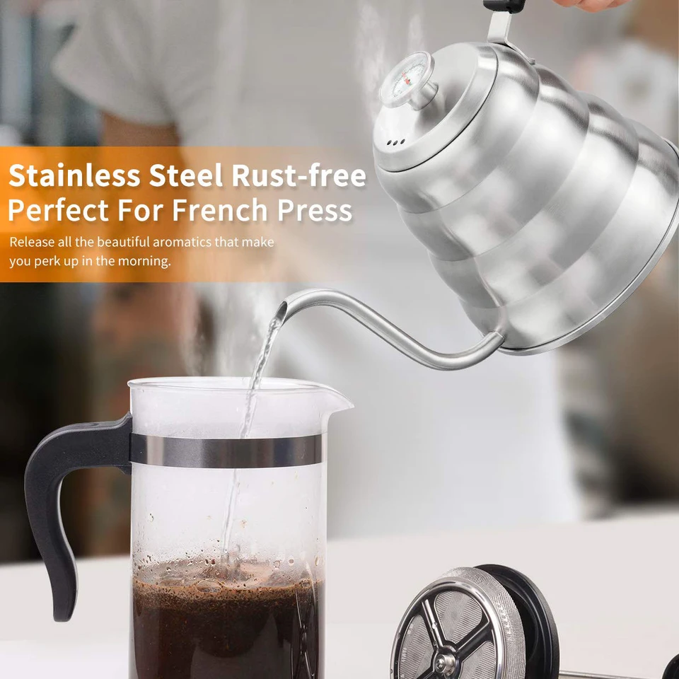 Roestvrijstalen thee-koffieketel met thermometer, dunne tuit voor overgiet koffiepot needed
