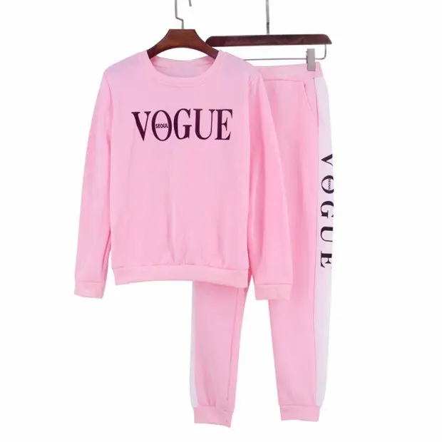 2 piece outfits for women sweatsuits set VOGUE Letter Printed 0-Neck Sweatshirt + Patchwork Long Pant Piece Set | Женская одежда