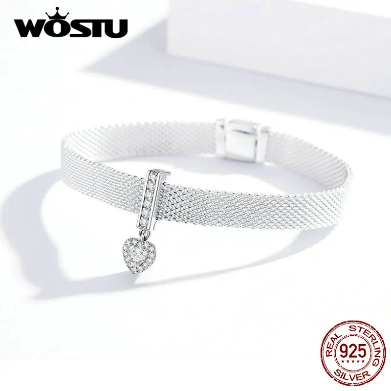 WOSTU, 925 пробы, серебряные бусины в форме сердца, яркие циркониевые амулеты, подходят к оригинальному браслету, Подвеска для женщин, хорошее ювелирное изделие CQX109