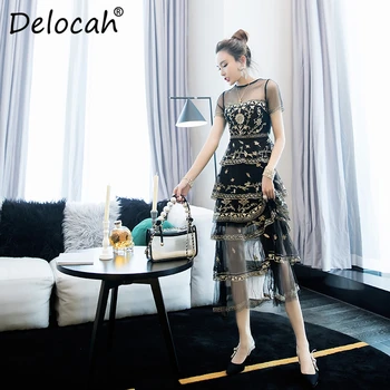 

Delocah Runway Fashion Summer Elegant Casual Mesh Dress Women's Short Sleeve Embroidery Female Stylish Cupcake Midi Dresses