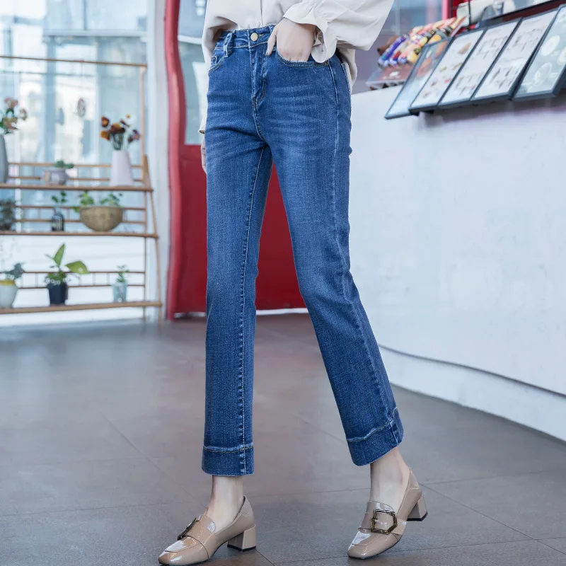 Dark blue Новые модные брюки длиной до щиколотки женские брюки клёш брюки с высокой талией простые тонкие однотонные джинсы классические женские брюки WKN633 - Цвет: Dark blue