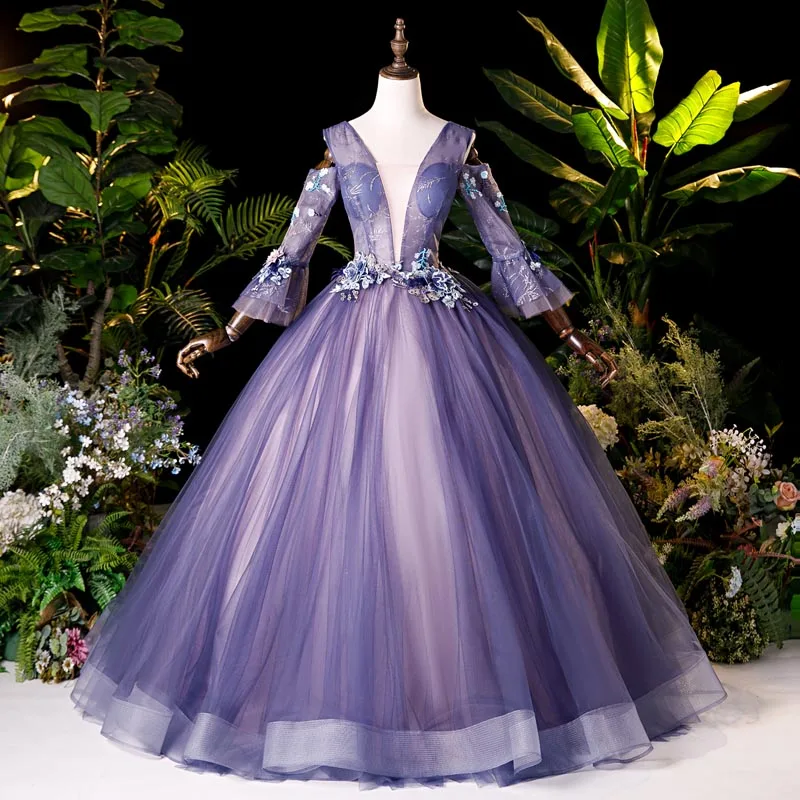 

Роскошное фиолетовое бальное платье с вышивкой и бисером, длинное винтажное средневековое платье, платье принцессы Эпохи Ренессанса Виктории