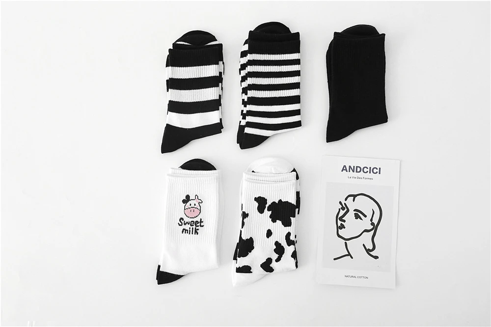 Neue Kuh Schöne Harajuku Japanischen Stil Baumwolle Frauen Gestreiften Solide Atmungs Casual Cartoon Socken Weiß Schwarz Dropship – Detail 14