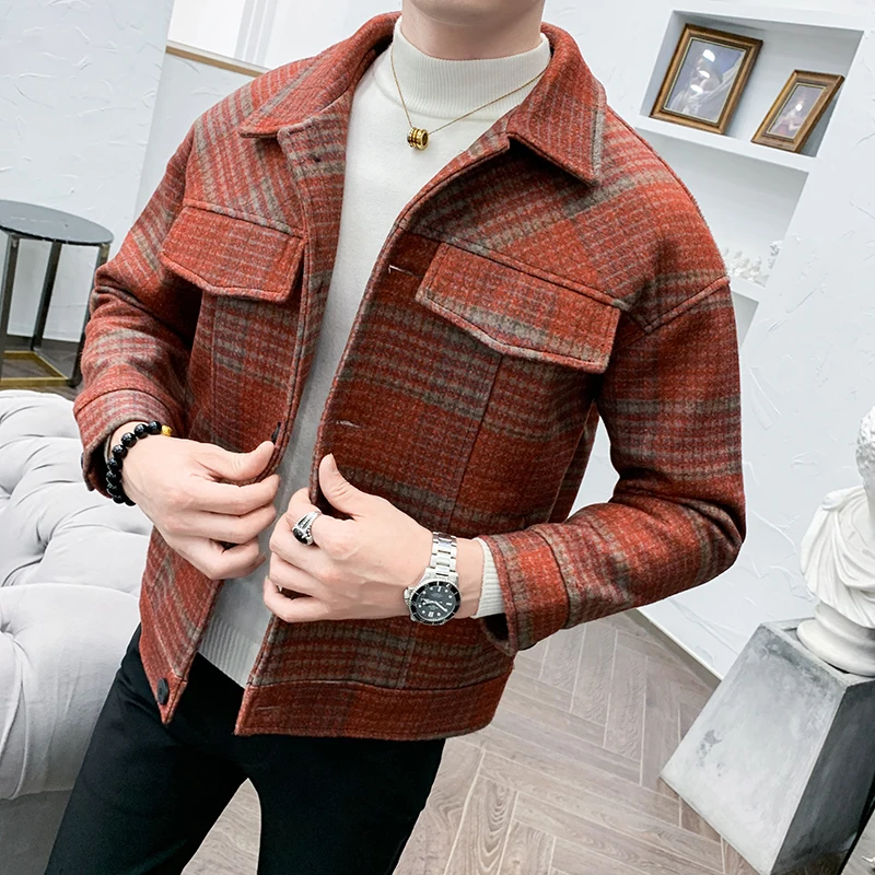 

2019 autumn and winter new men's casual plaid woolen coat jacket men's fashion single-breasted loose lapel casual woolen coat