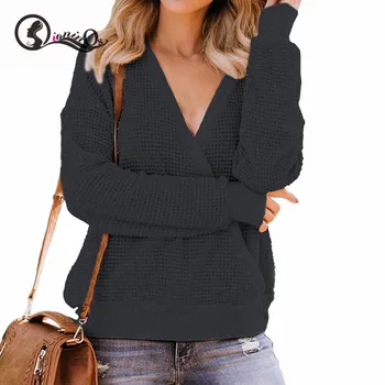 

Fashion Women Sweater V-Neck Casual Tops Solid Color Loose V-neck Long Sleeves Sweater Knitwear Female Pullovers Top