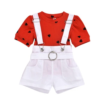 

Hot Toddler Baby Girls Heart Print Knitted Tops White Suspender Shorts Outfits Children Clothes