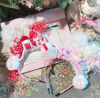 

Sweet Rabbit Ear Powder Kclolita Handmade Origional Furry Sweet Strawberry Cherry Hair Accessories Headdress Hairband