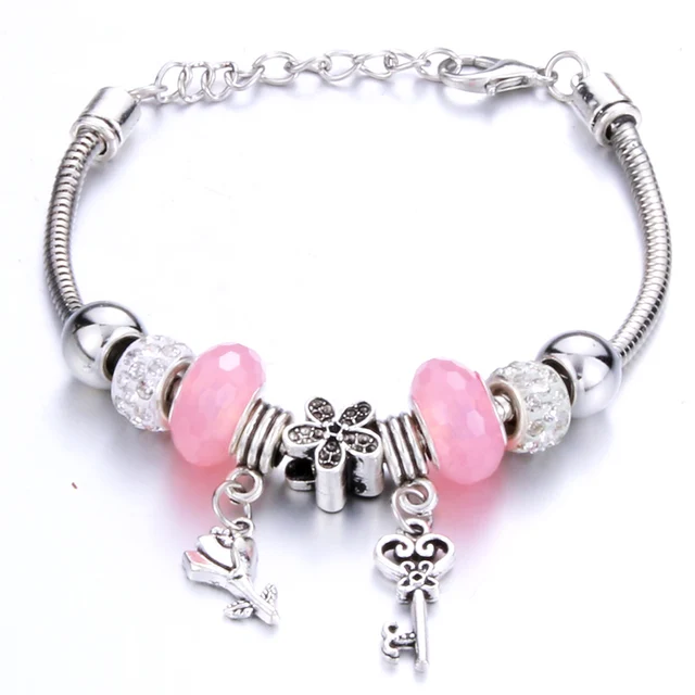 Antique Original Crown key lock Shape 6 colors Charm Bracelets For Women Glass Beads Brand Bracelet & Bangle DIY Jewelry Gifts 0016PK