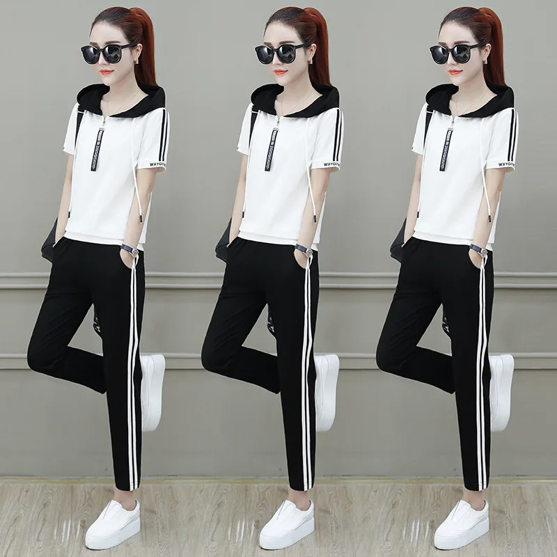 

Sports WOMEN'S Suit 2019 Summer New Style Korean-style Loose Fashion Fashion Casual Hooded Short Sleeve Capri Pants Two-Piece Se