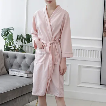 

Solid Pink Women Lace-Up Night-Robes Plus Size Bathrobe Simple Loose Plain Female Nightgown Home Clothings