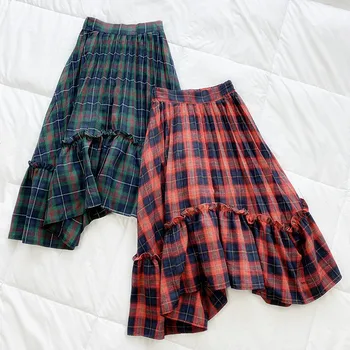 

Japanese hem irregular ruffled skirt 2020 spring retro plaid mid-length elastic waist skirt