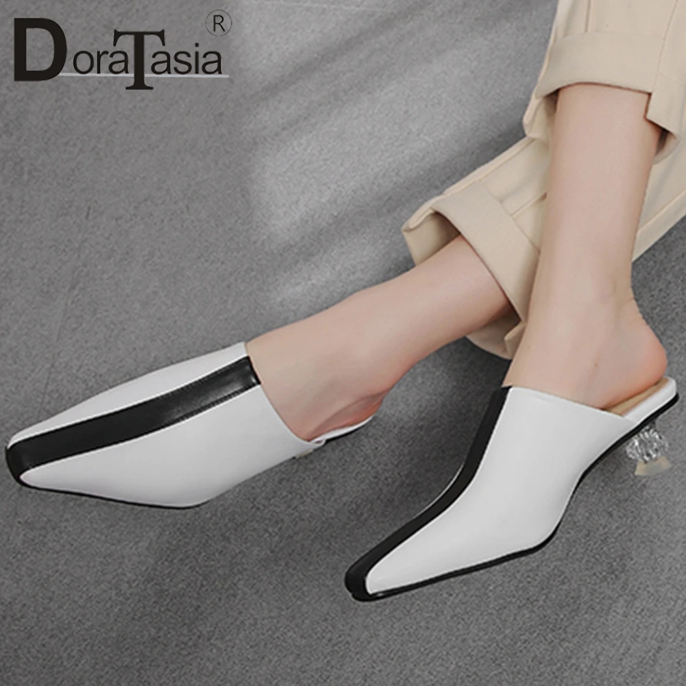

DORATASIA 2020 Brand Trendy mixed-color Patchwork Mules Med Clear Heel Pumps Women Elegant Square Toe Summer Shoes Woman