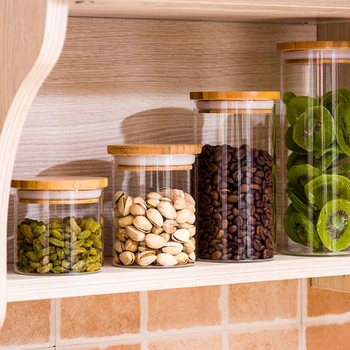 

1200ML Glass Food Sealed Jar with Bamboo Wood Lid Coffee Beans Nuts Grains Oats Sugar Sealed Cans Food Storage Preservation Cont