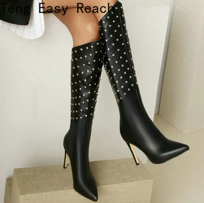 

2021 Women Knee High Boots Sexy Thin High Heel Pointed Toe Ladies Calf Boots PU Leather Back Zipper Rivet Women's Boots Big Size