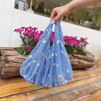 

Mesh Handbag Embroidery Bellis Perennis Cute Fresh Picnic Commuter Reusable Shopping Bag Handbag Bag