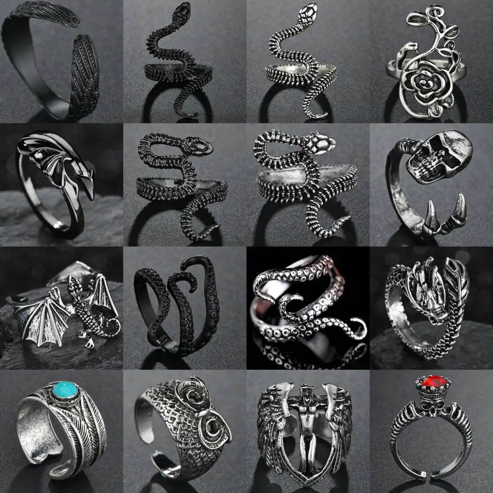 Rings for Men Women Punk Goth Snake Dragon Silver Plated Ring Exaggerated Adjustable Chic Party Gift Jewelry Mujer Bijoux