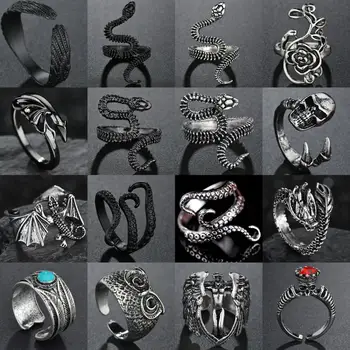 Rings for Men Women Punk Goth Snake Dragon Silver Plated Ring Exaggerated Adjustable Chic Party Gift Jewelry Mujer Bijoux