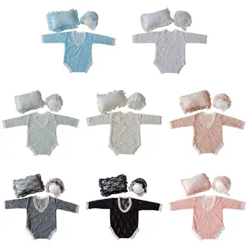 

3 Pcs Baby Infants Lace Hat Pillow Romper Jumpsuit Set Photo Shooting Costume Outfits Newborn Photography Props