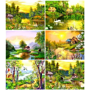 

HUACAN Full Square Diamond Painting 5D Landscape Diamond Art Embroidery House Mosaic Home Decoration