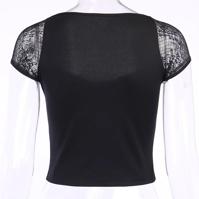 Lady Basic Eyelet Lace-up Bust Square Collar Top Lace Patchwork Short-length T-shirt Black Women Lace Goth T Shirt 2022 Autumn