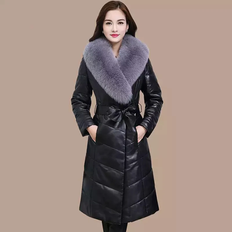 Новинка, Длинная зимняя женская пуховая кожаная куртка, большие размеры, женские парки, тонкая простая кожаная куртка для женщин, M-5XL, WYT306