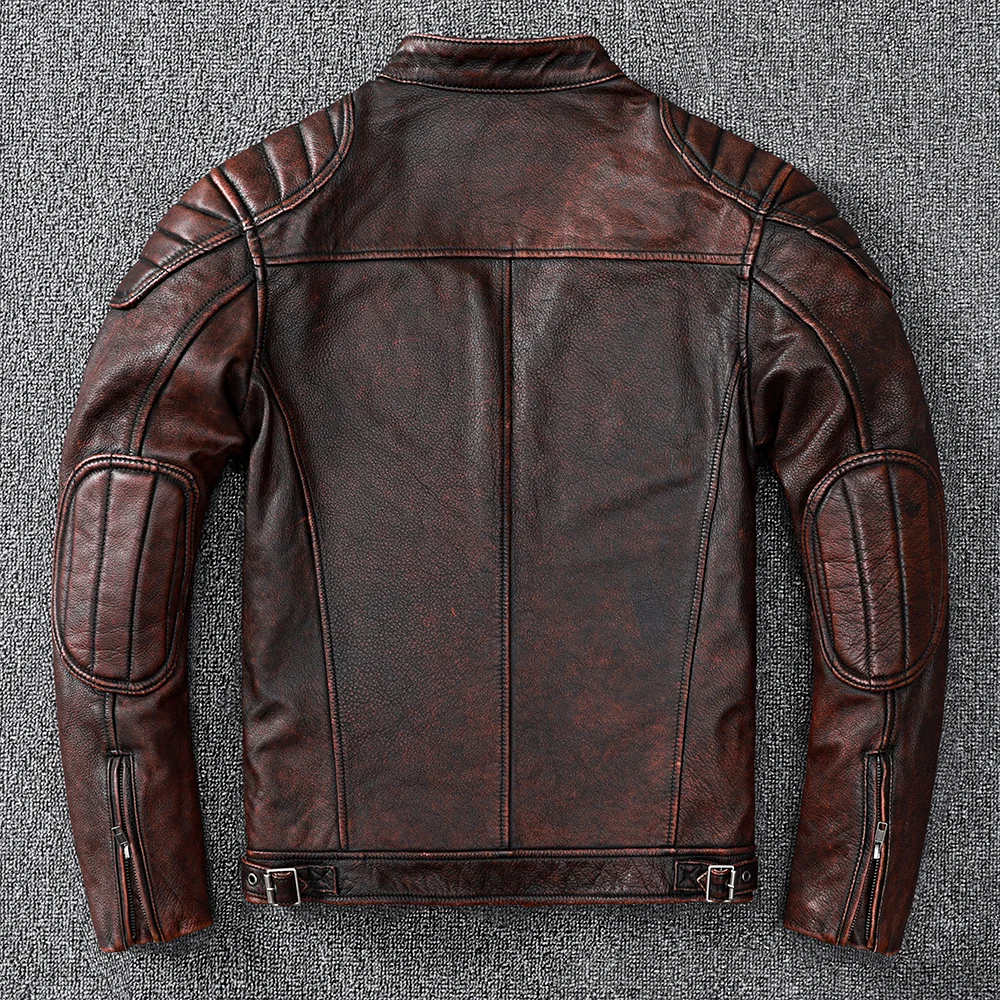 Vintage Style Mens Cowhide Biker Genuine Leather Jacket Fashion Brown Leather Slim Coat