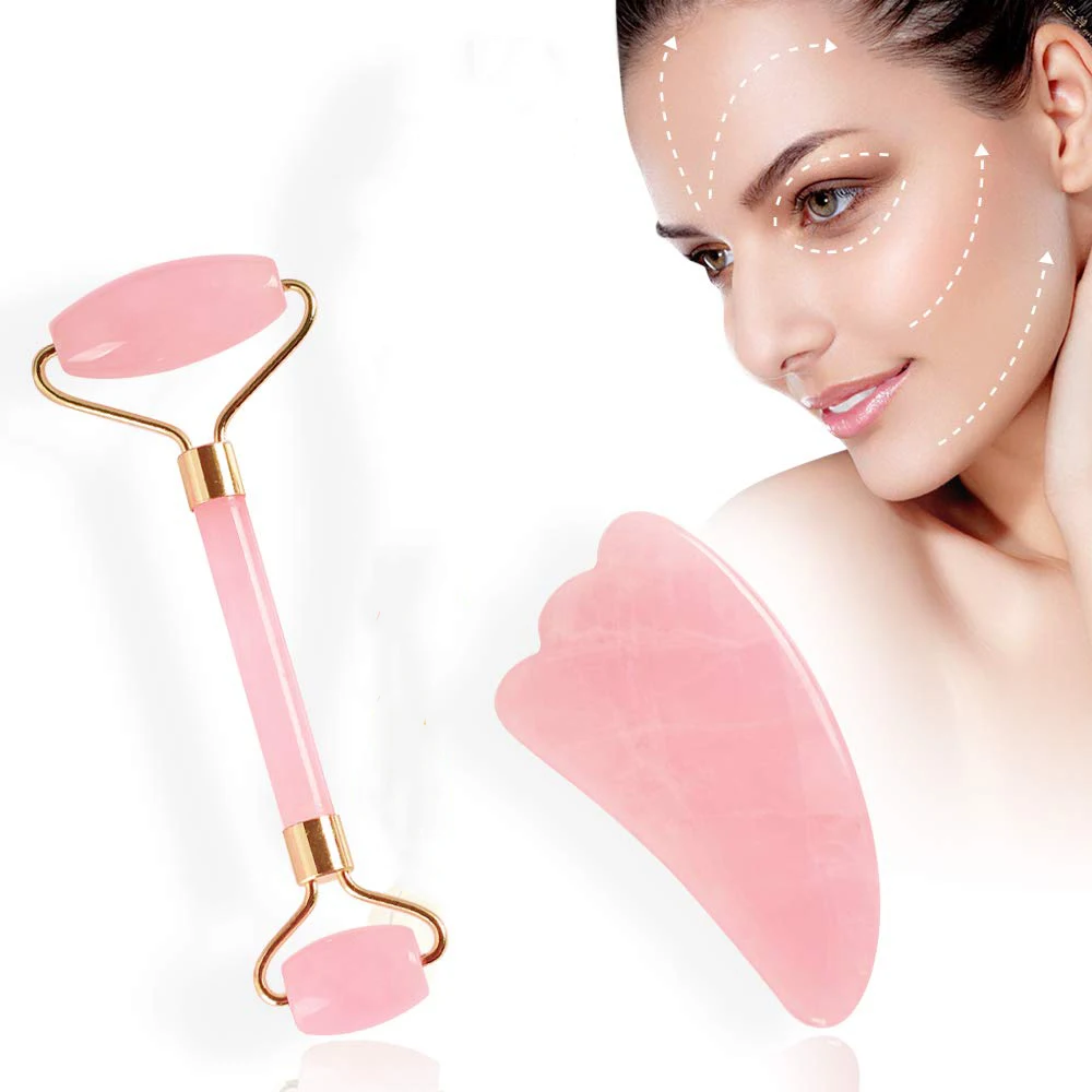 

Natural Jade Beauty Roller Facial Massager Set Crystal Rose Quartz Face Roller Pink Gua Sha Massage Tool for Anti wrinkles