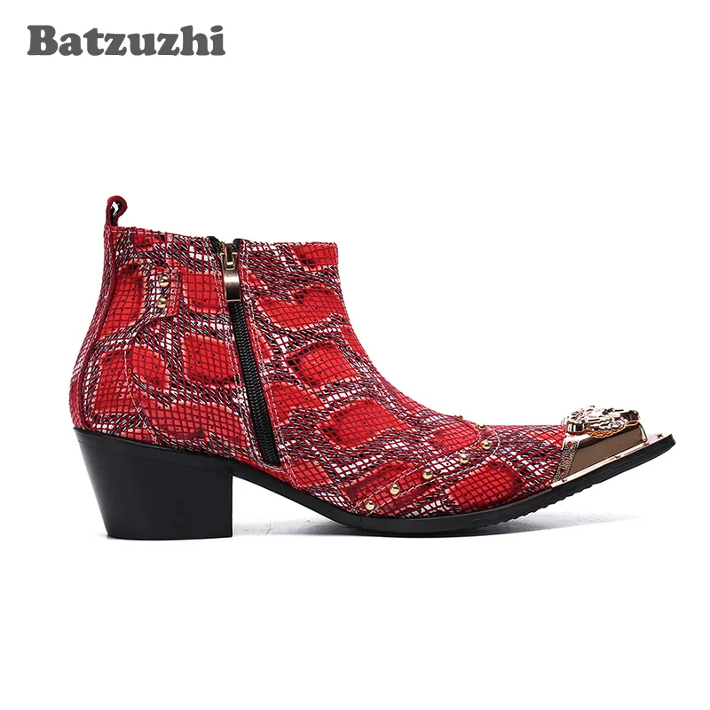 Batzuzhi 6.5cm Heels High Boots Men Formal Leather Ankle Dress Boots Gold Pointed Toe Red Party and Wedding Shoes Botas Hombre
