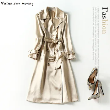 شراءجديد 2020 سترة واقية مزدوجة الصدر للنساء نمط منتصف طويل فضفاض نمط كم طويل طول الركبة سترة حمض الخليك